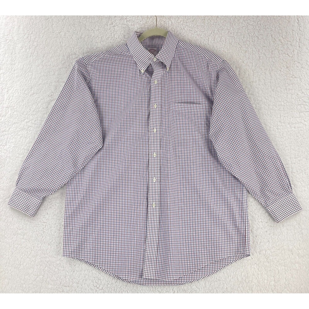Brooks Brothers Button-Down Dress Shirt Men Large White Plaid Long Sleeve Cotton